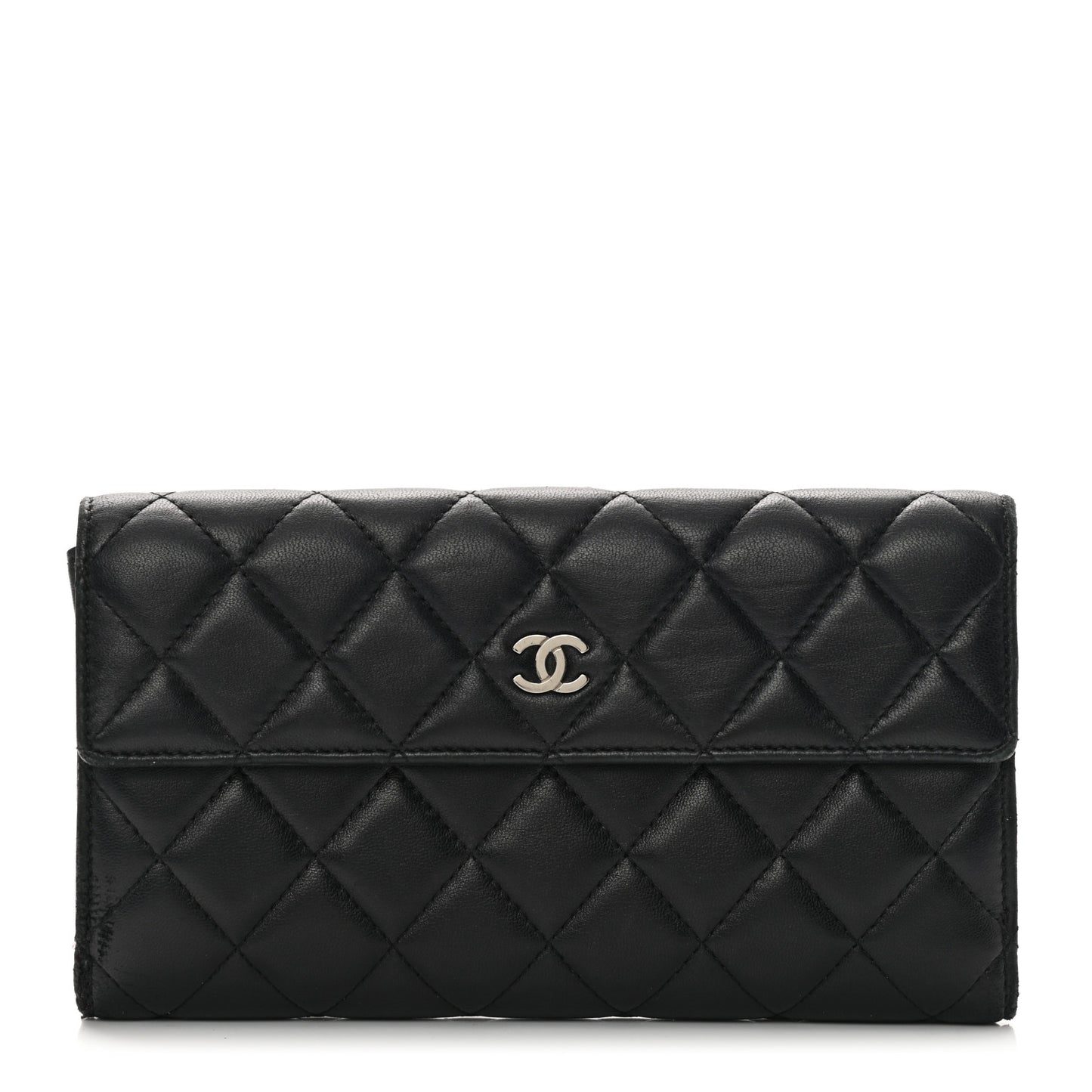 Lambskin Quilted Long Flap Wallet Black