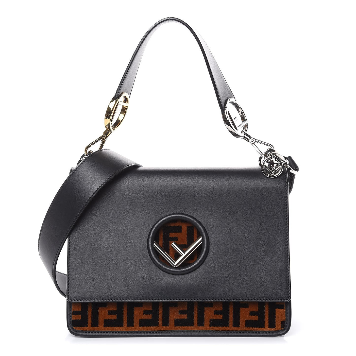 Vitello Century Velvet F is Fendi FF Kan I Shoulder Bag Black Tobacco