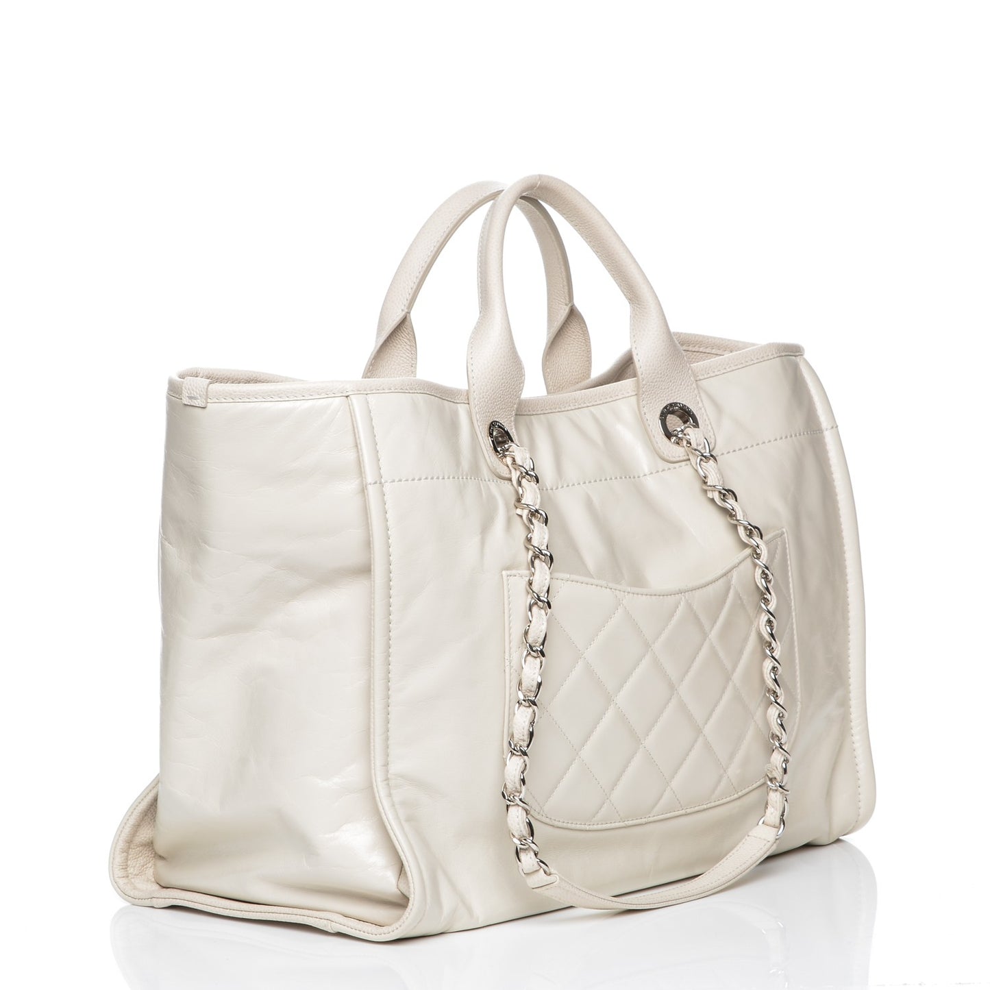 Glazed Calfskin Large Deauville Tote Ivory