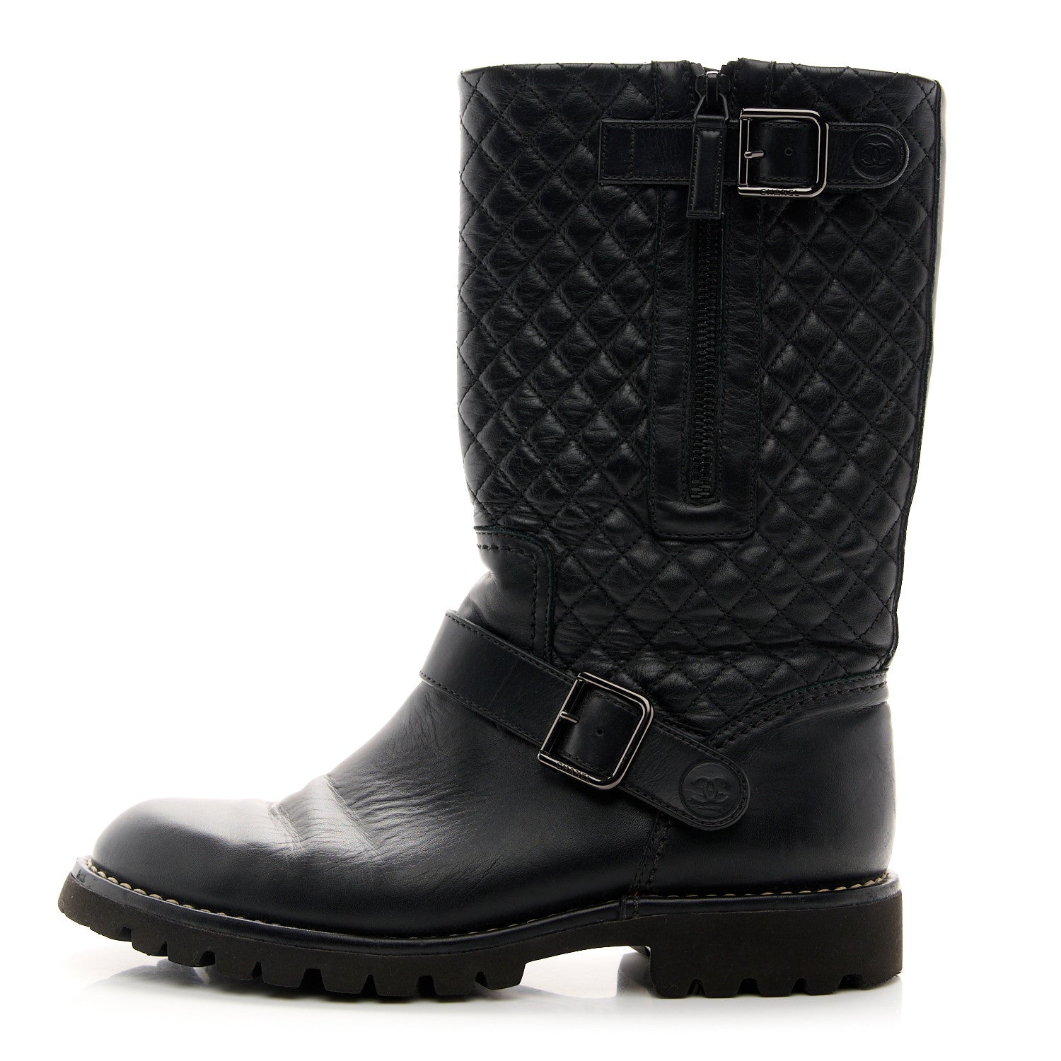 Chanel Calfskin Quilted Biker Boots 38.5 Black 1 of 8