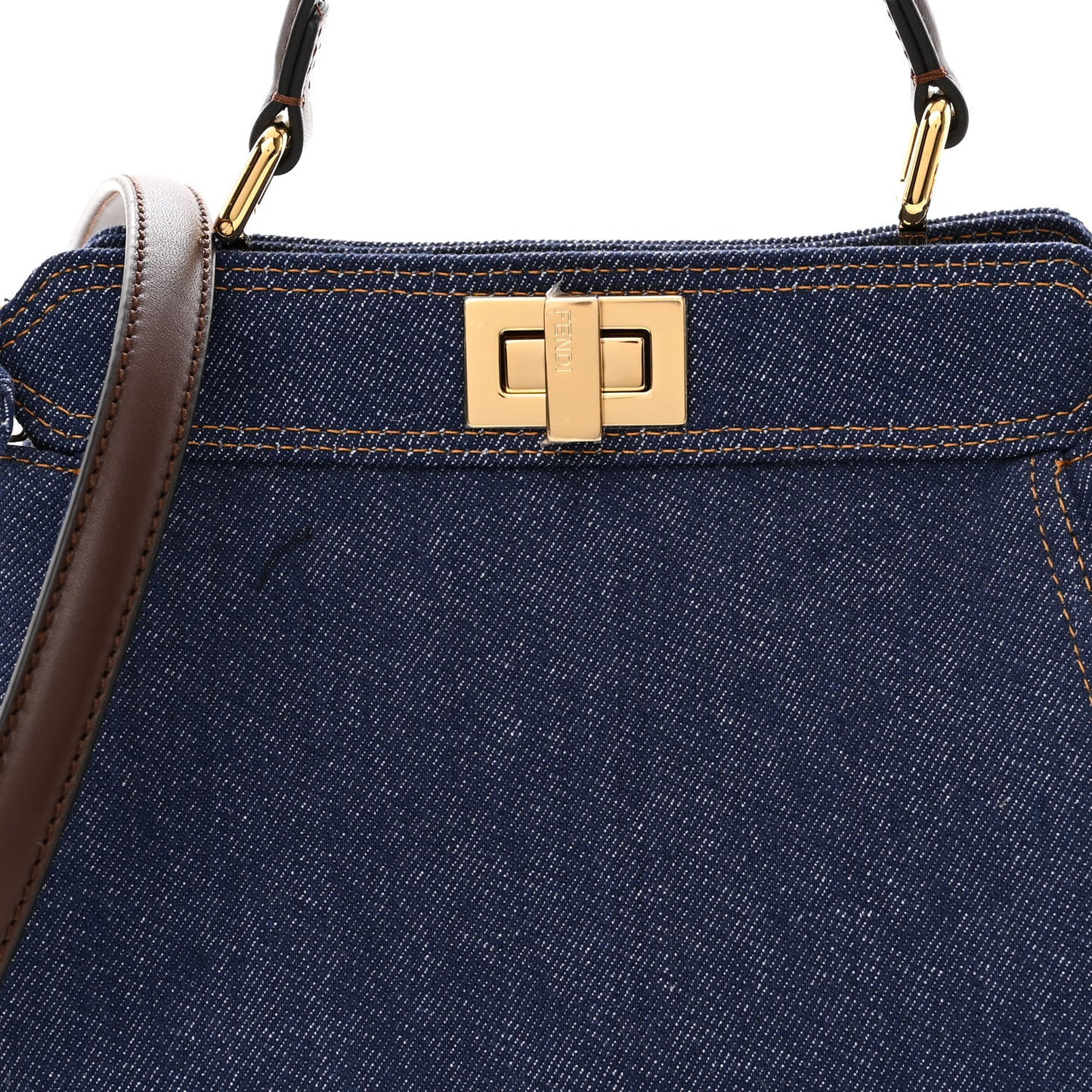 Denim Fabric Jacquard Cuoio FF 1974 Mini Peekaboo Iconic Satchel Blue Tobacco Moro