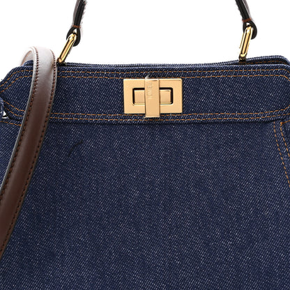 Fendi Denim Fabric Jacquard Cuoio FF 1974 Mini Peekaboo Iconic Satchel Blue Tobacco Moro 8 of 10