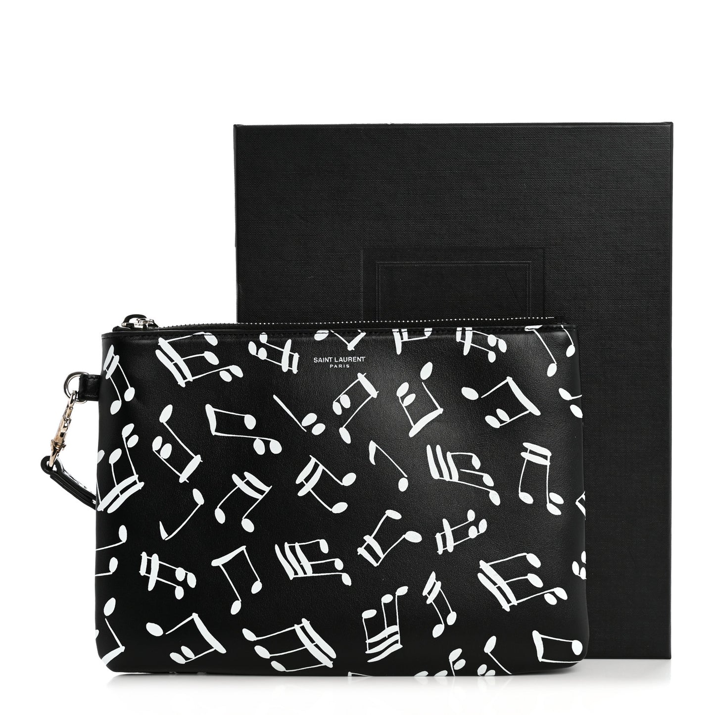 Calfskin Musical Notes Zip Pouch Black