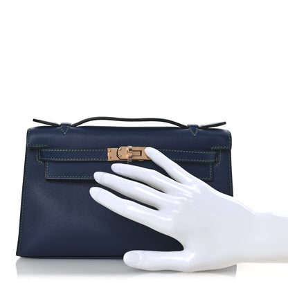 Hermes Swift Horseshoe Kelly Pochette Clutch  Bleu Navy Vert Vertigo 2 of 12
