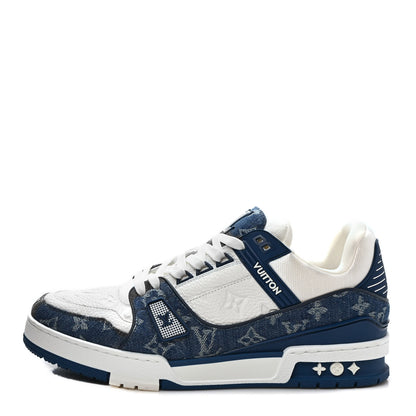 Louis Vuitton Calfskin Embossed Monogram Denim Mens LV Trainer Sneakers 9 Blue 1 of 8
