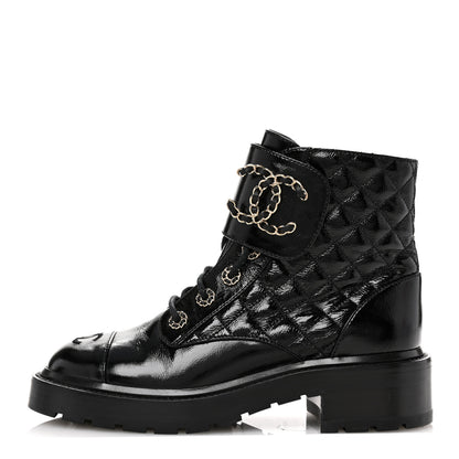 Chanel Shiny Lambskin Quilted Lace Up Combat Boots 37.5 Black 1 of 10