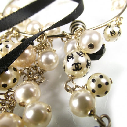 Chanel CC Pearl Hoop Ribbon Earrings Black White 4 of 5