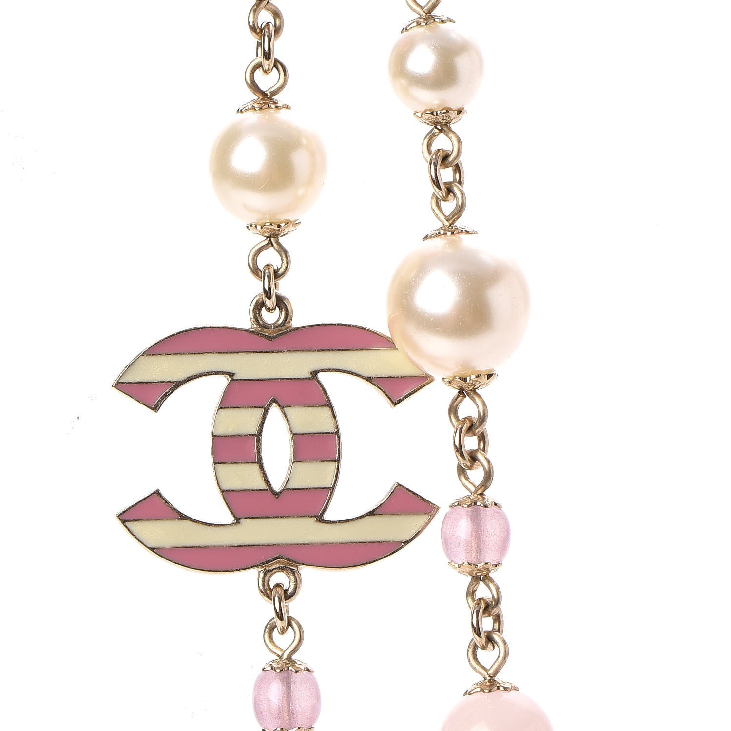 Chanel Enamel Striped Pearl CC Long Necklace Pink Gold 4 of 7