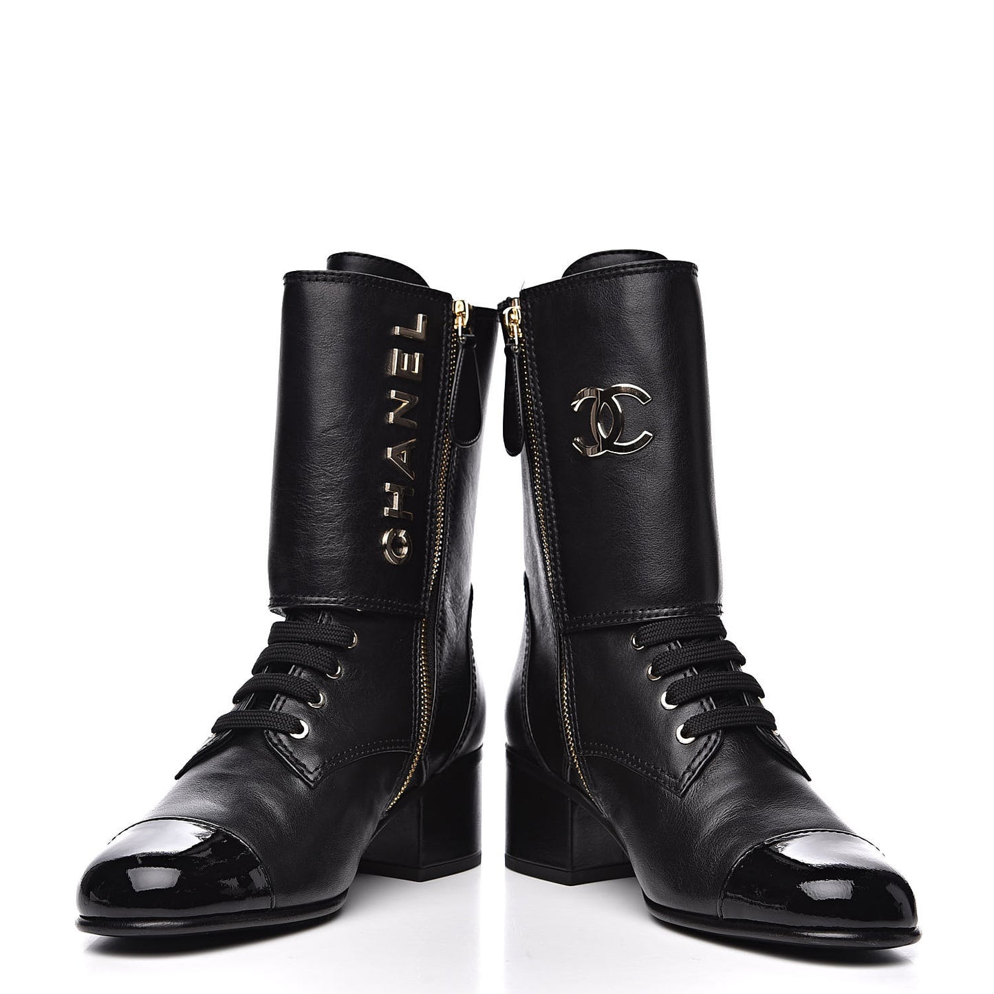 Calfskin Patent Cap Toe CC Lace Up Boots 37 Black