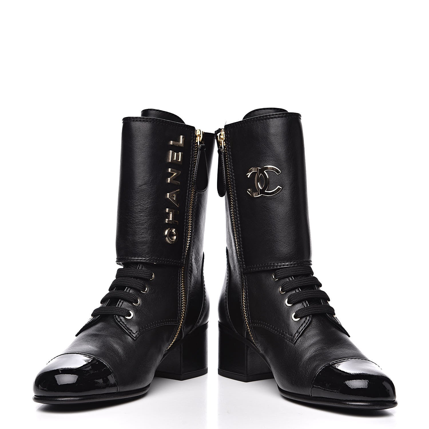 Chanel Calfskin Patent Cap Toe CC Lace Up Boots 37 Black 3 of 8