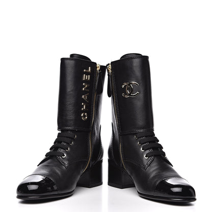 Chanel Calfskin Patent Cap Toe CC Lace Up Boots 37 Black 3 of 8