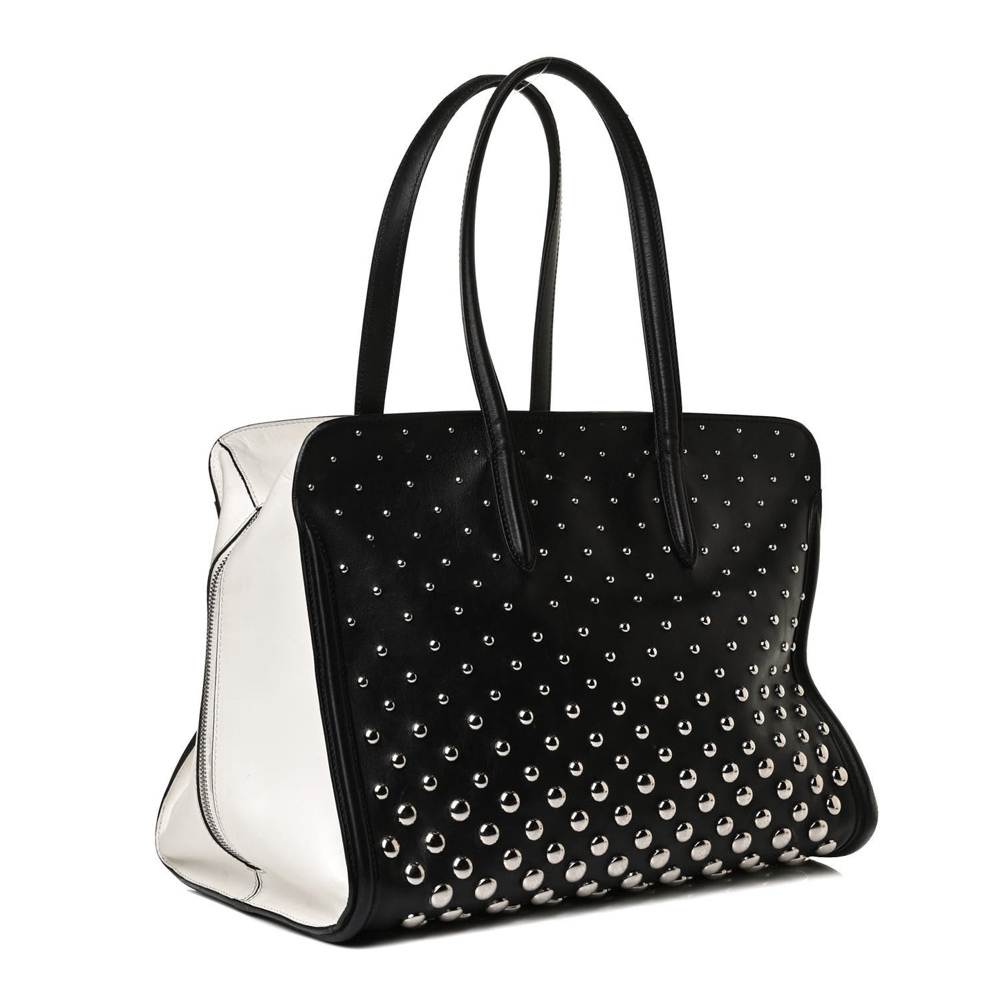 Calfskin Large Studded Padlock Zip Around Tote Black White