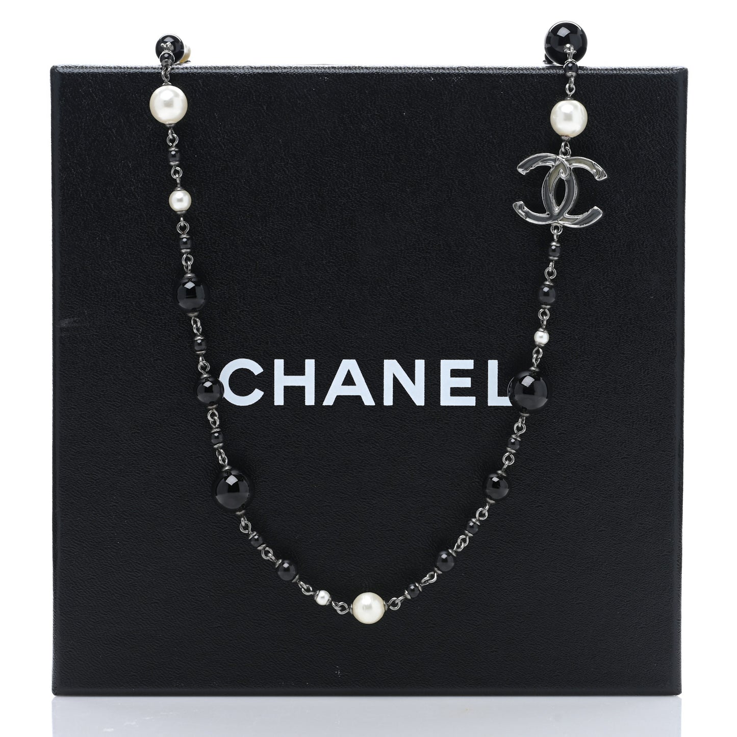 Ruthenium Pearl Beaded CC Long Necklace Black