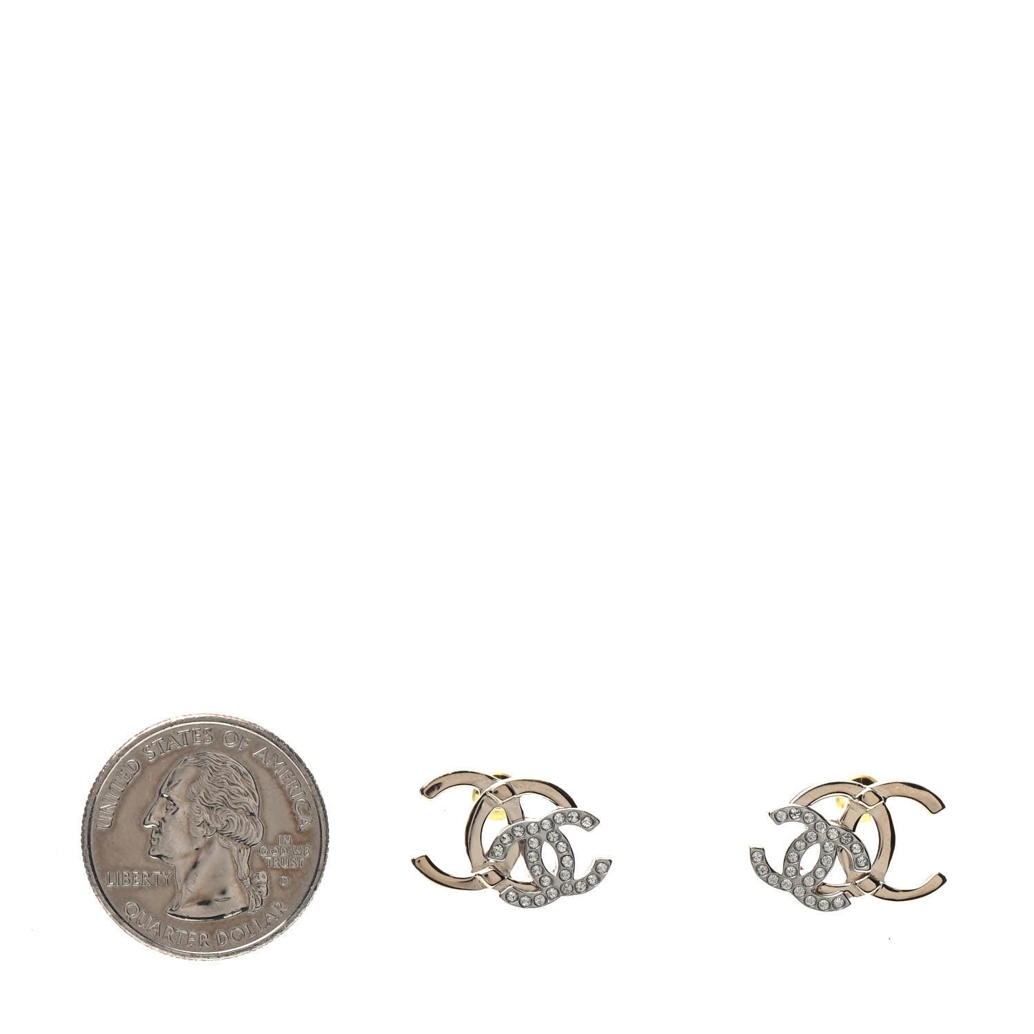 Chanel Crystal Double CC Earrings Gold Silver 2 of 5