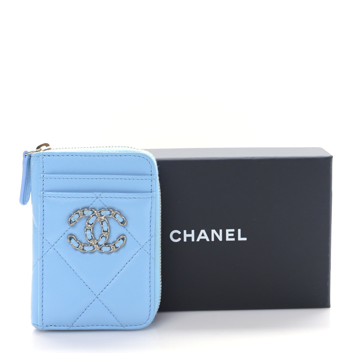 Chanel Lambskin Quilted Chanel 19 Vertical Zip Card Holder Wallet Light Blue 9 of 9
