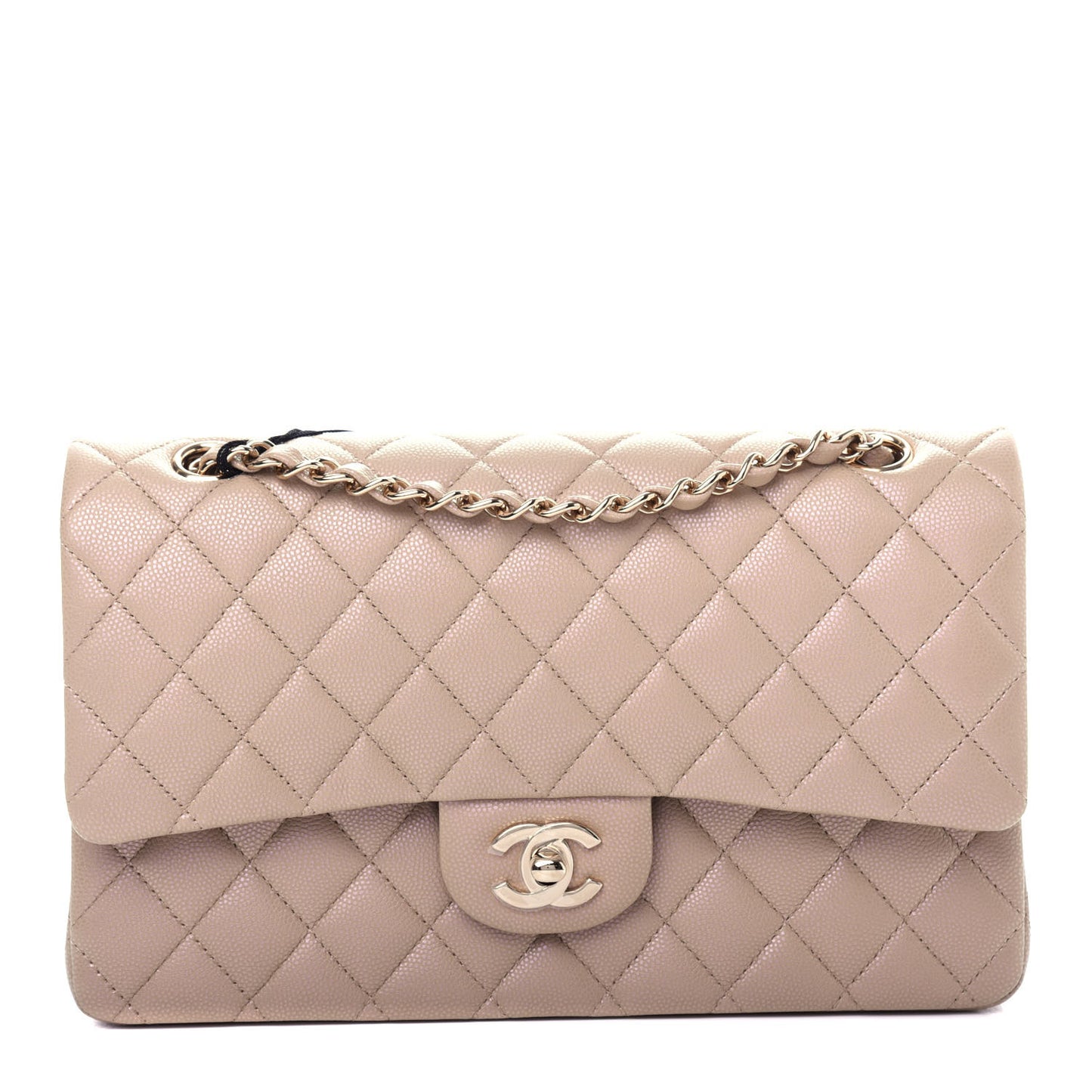 Iridescent Caviar Quilted Medium Double Flap Dark Beige