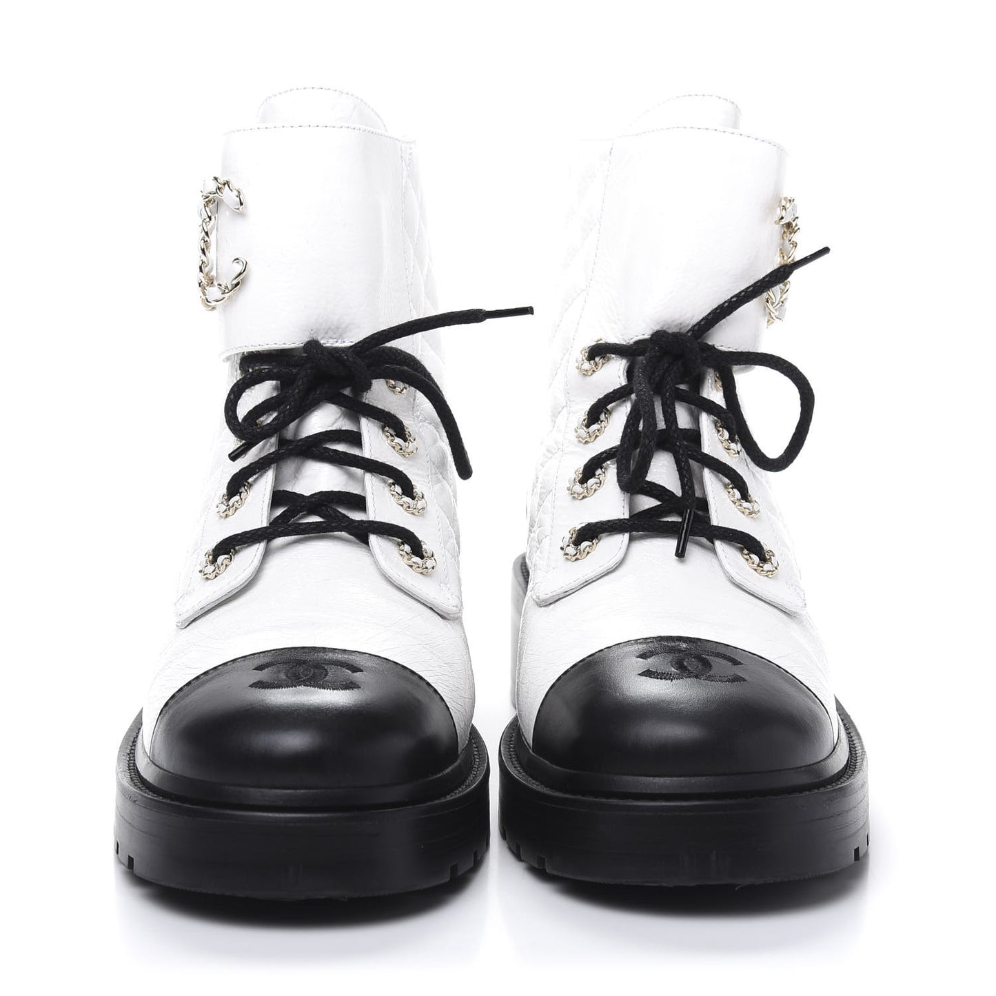 Shiny Goatskin Calfskin Quilted Lace Up Combat Boots 41 Black White