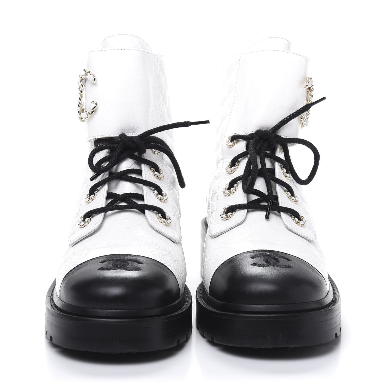 Chanel Shiny Goatskin Calfskin Quilted Lace Up Combat Boots 41 Black White 2 of 9