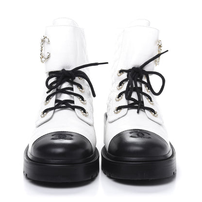 Chanel Shiny Goatskin Calfskin Quilted Lace Up Combat Boots 41 Black White 2 of 9