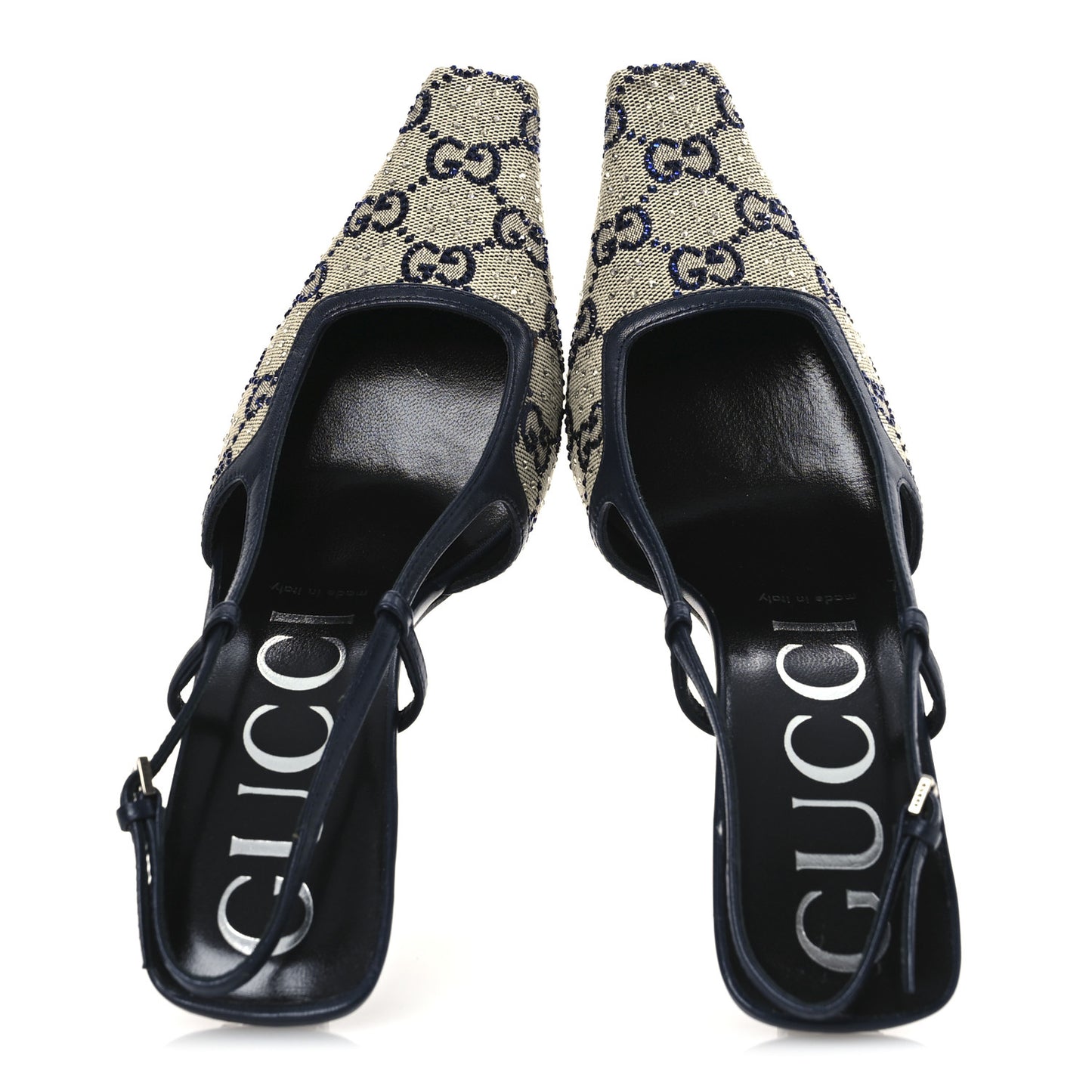 GG Monogram Malaga Kid Crystal Square G 75mm Slingback Pumps 37.5 Beige Blue