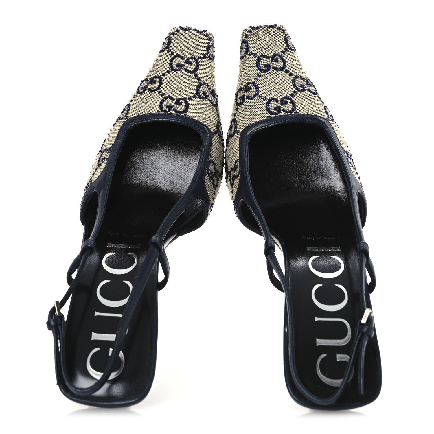 Gucci GG Monogram Malaga Kid Crystal Square G 75mm Slingback Pumps 37.5 Beige Blue 2 of 15