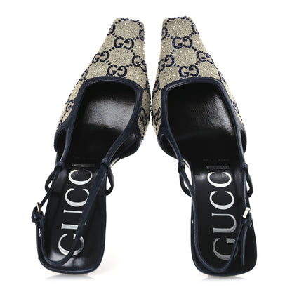 Gucci GG Monogram Malaga Kid Crystal Square G 75mm Slingback Pumps 37.5 Beige Blue 2 of 15