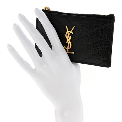 Saint Laurent Grain De Poudre Matelasse Chevron Monogram Fragments Zippered Card Case Black 2 of 11