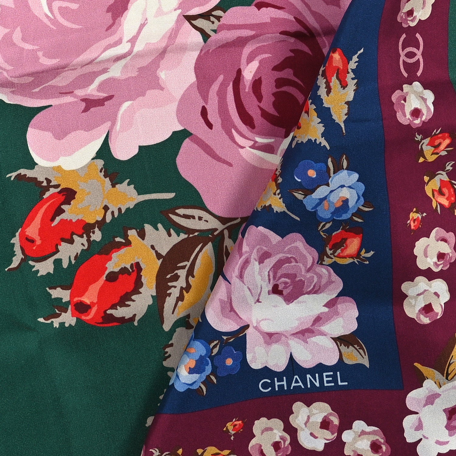 Chanel Silk CC Floral Square Scarf Green Multicolor 1839935