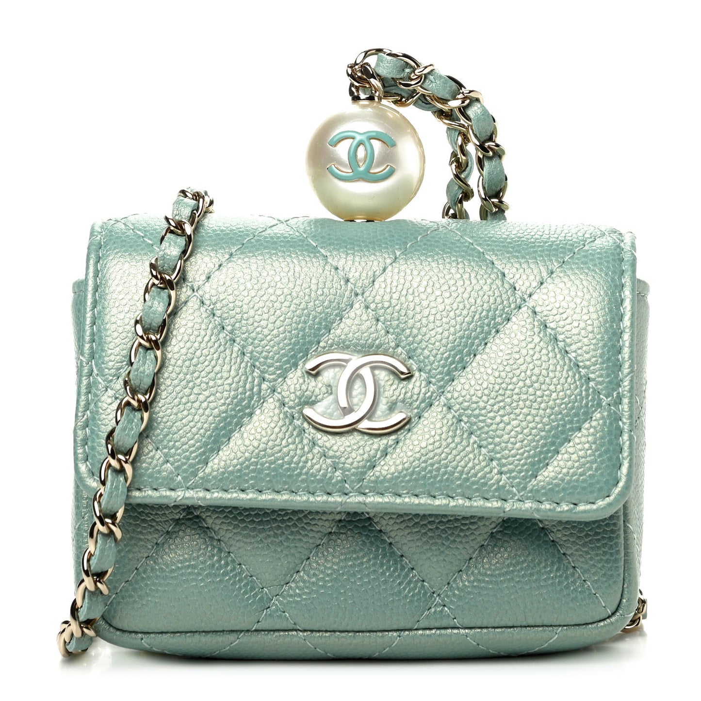 Iridescent Caviar Quilted Pearl On Top Coin Purse With Chain Light Green