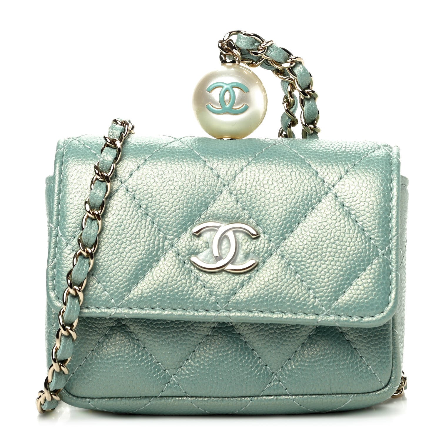 Chanel Iridescent Caviar Quilted Pearl On Top Coin Purse With Chain Light Green 1 of 13