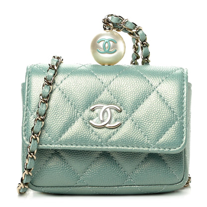 Chanel Iridescent Caviar Quilted Pearl On Top Coin Purse With Chain Light Green 1 of 13