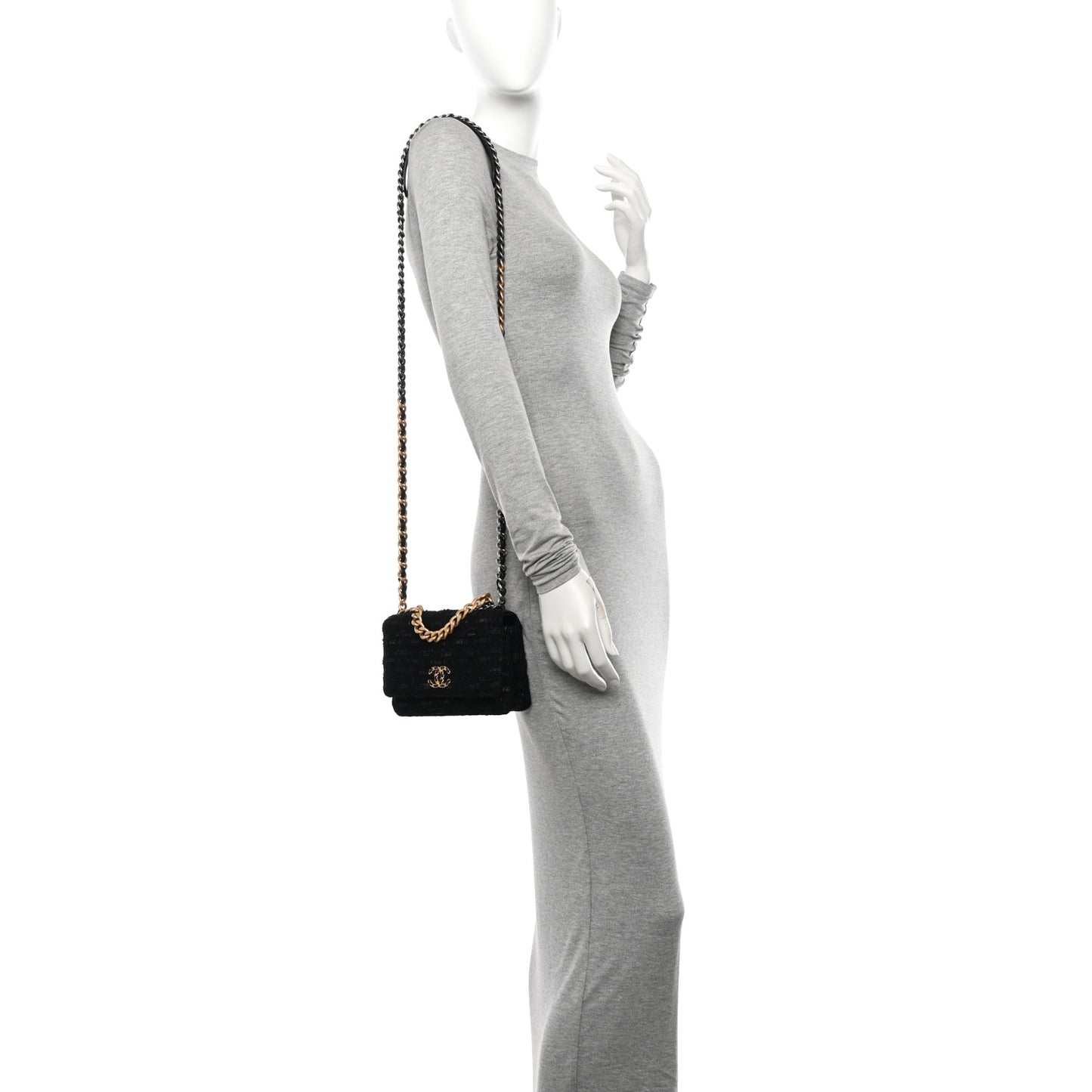 Tweed Quilted Chanel 19 Wallet On Chain WOC Black Navy Gold