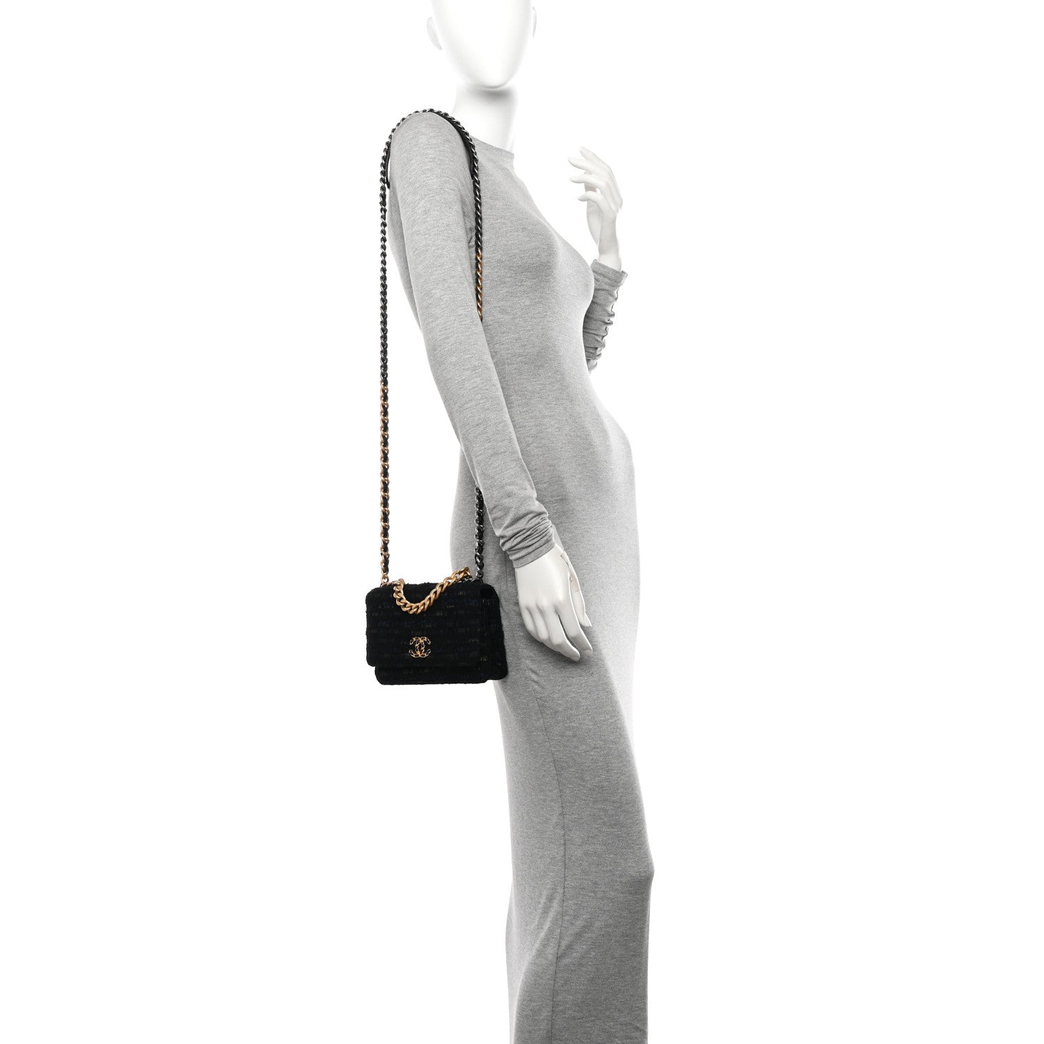 Chanel Tweed Quilted Chanel 19 Wallet On Chain WOC Black Navy Gold 3 of 11