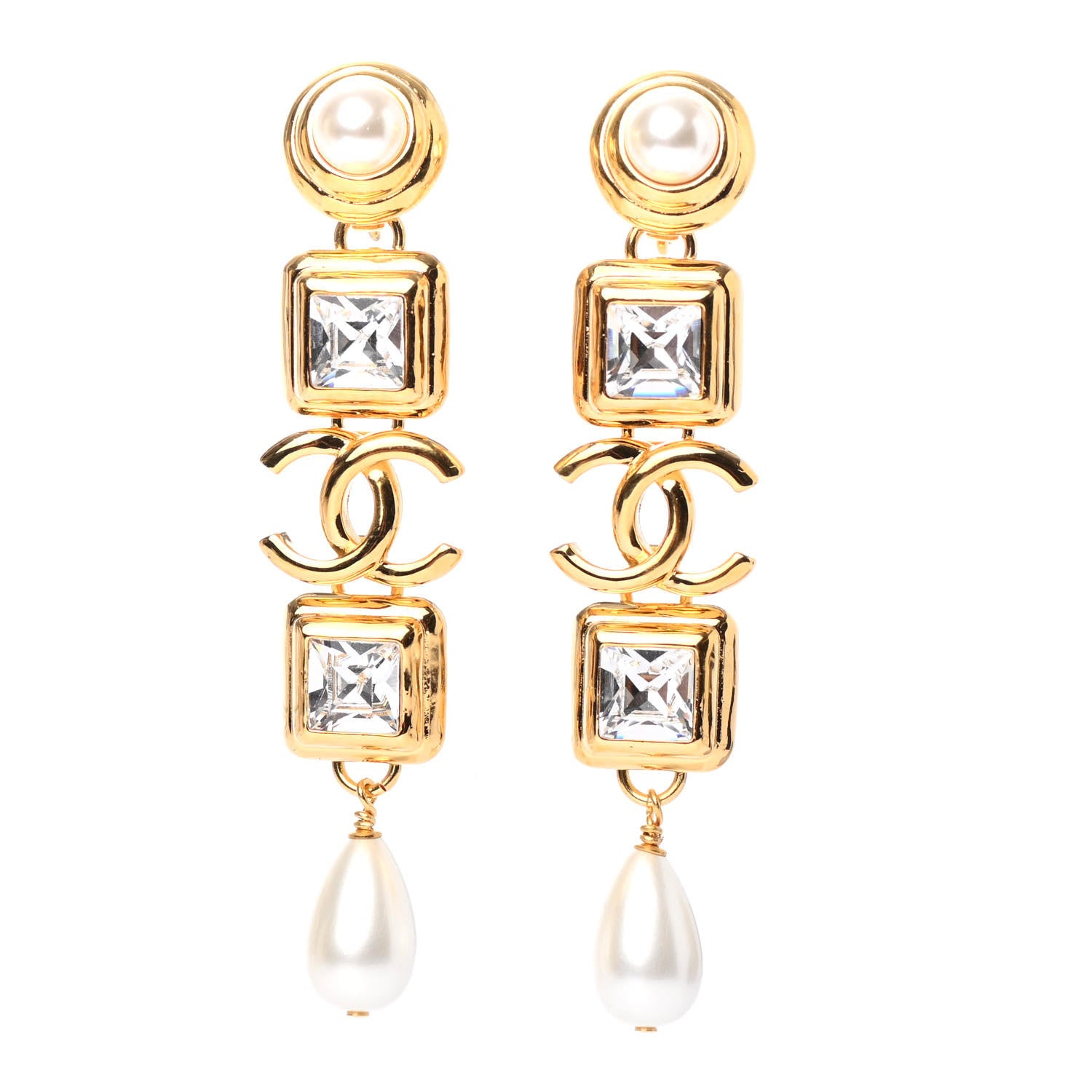 Chanel Large Crystal Pearl CC Drop Earrings Gold 1 of 4