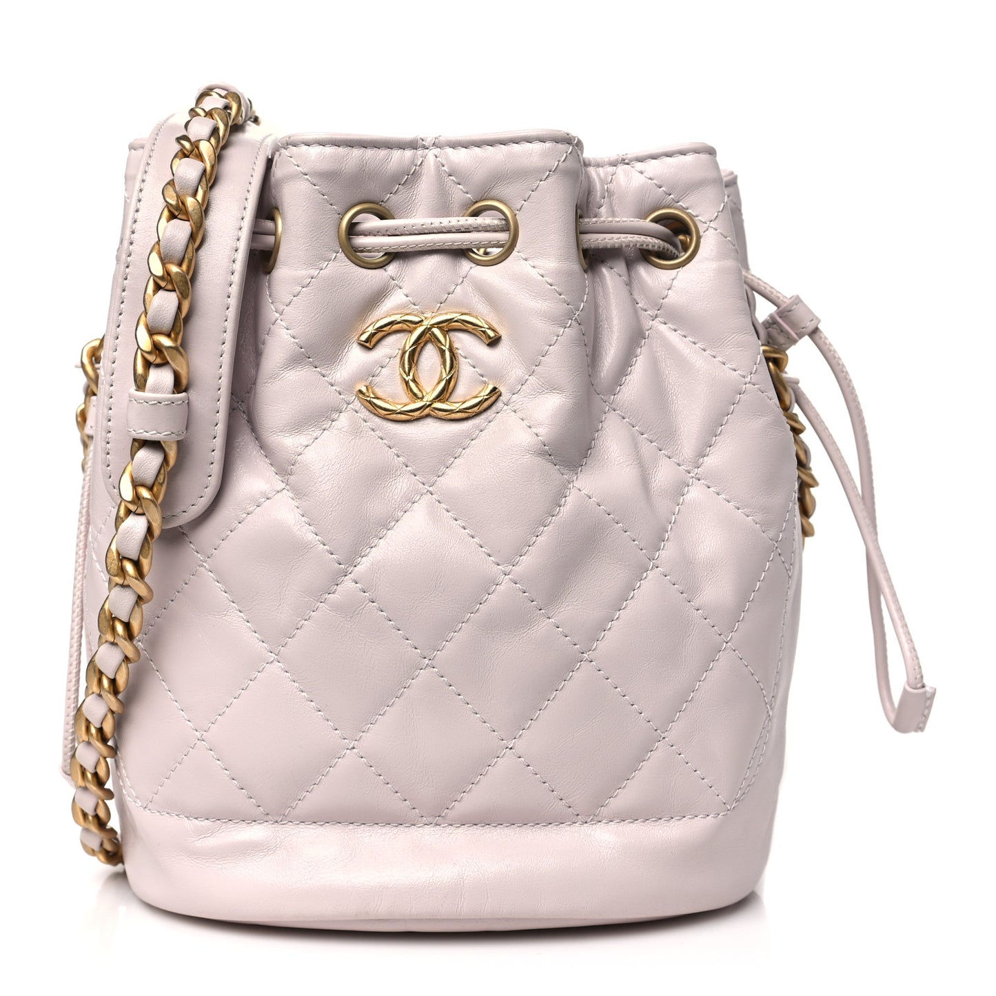 Shiny Aged Calfskin CC Chain Drawstring Bag Light Purple