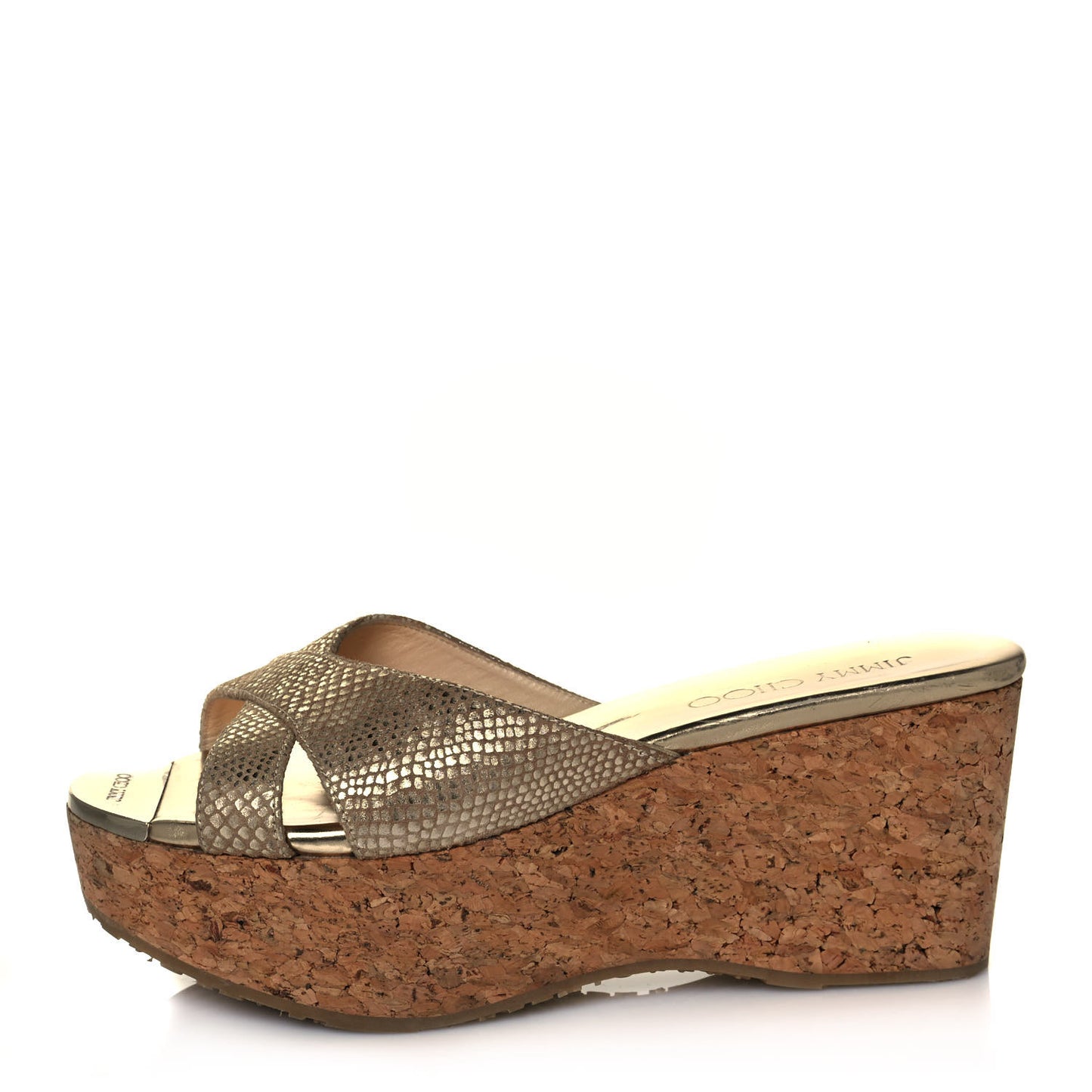 Metallic Suede Snakeskin Embossed Prima Cork Wedge Sandals 36.5 Gold