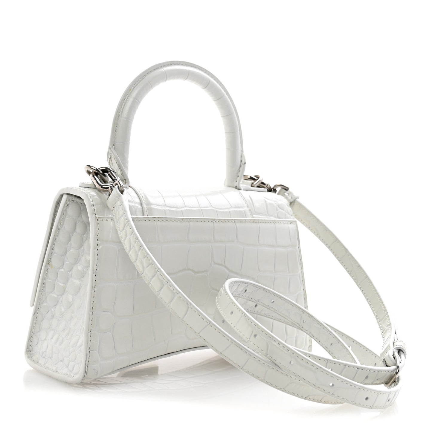 Shiny Calfskin Crocodile Embossed Hourglass Top Handle Bag XS White
