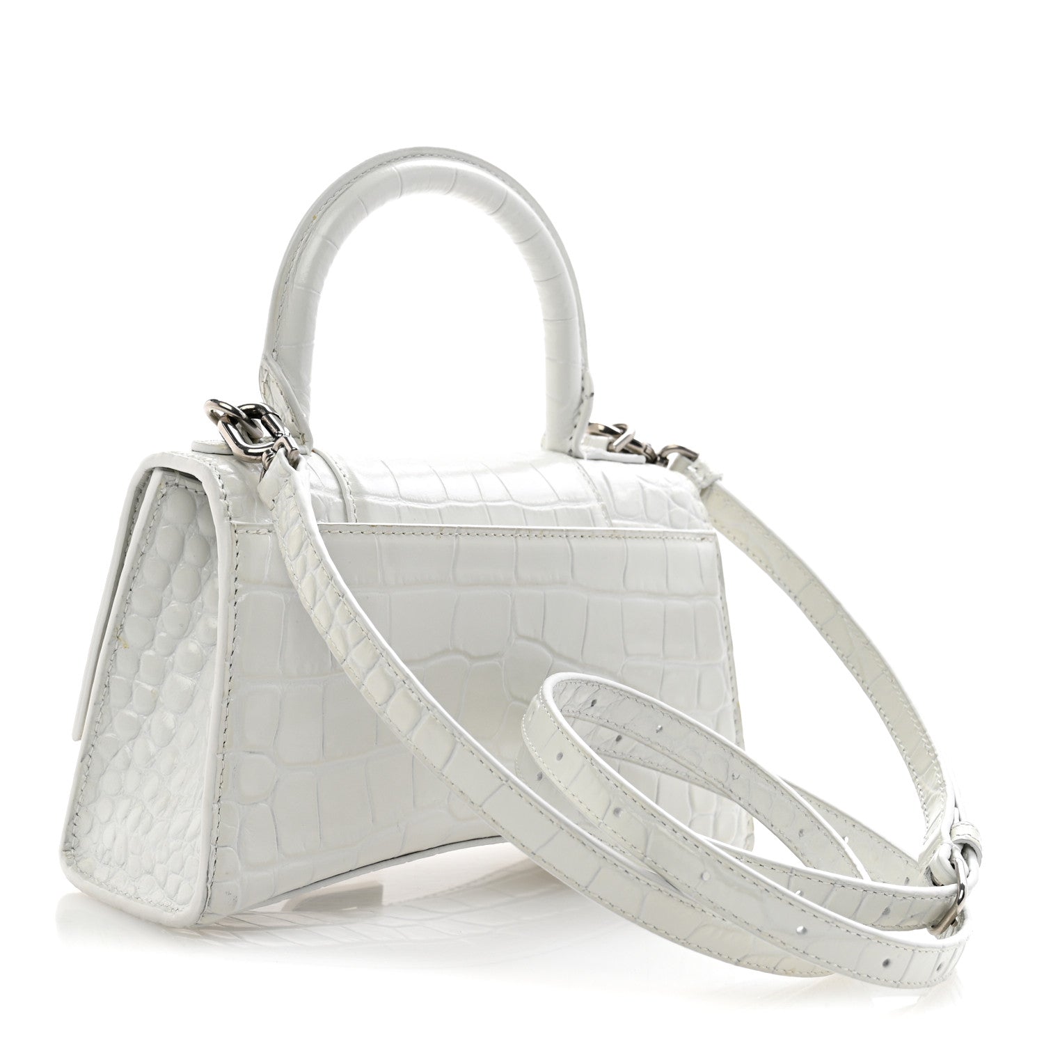 Balenciaga Shiny Calfskin Crocodile Embossed Hourglass Top Handle Bag XS White 3 of 13