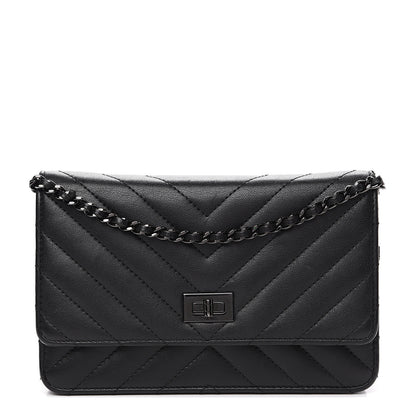 Chanel Sheepskin Chevron Reissue Wallet On Chain WOC So Black 1 of 14