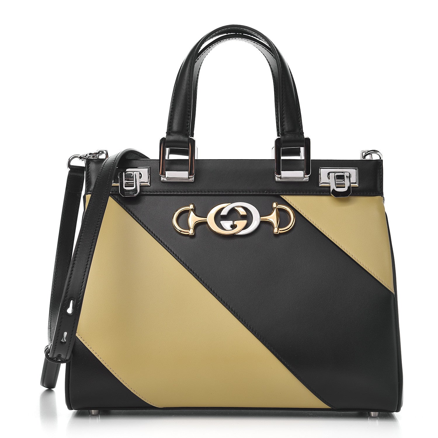 Gucci Smooth Calfskin Diagonal Striped Small Zumi Top Handle Bag Black Beige 1 of 12