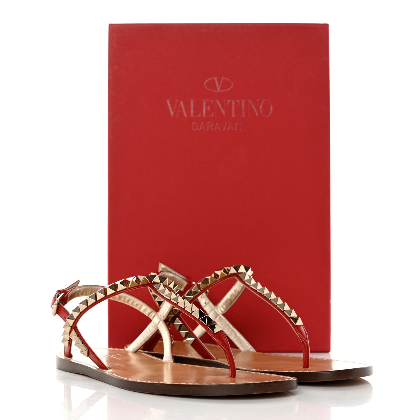 Calfskin Rockstud T-Strap Flat Thong Slingback Sandals 36 Rosso