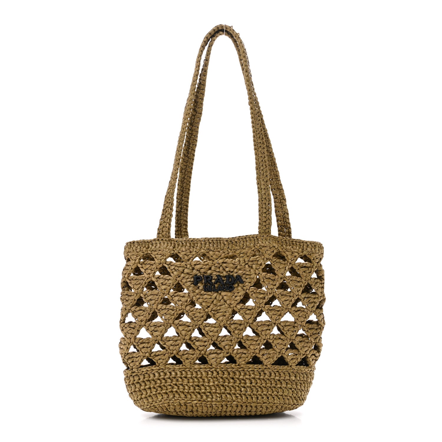 Prada Yarn Raffia Effect Crochet Embroidered Mini Logo Tote Oliva 1 of 10