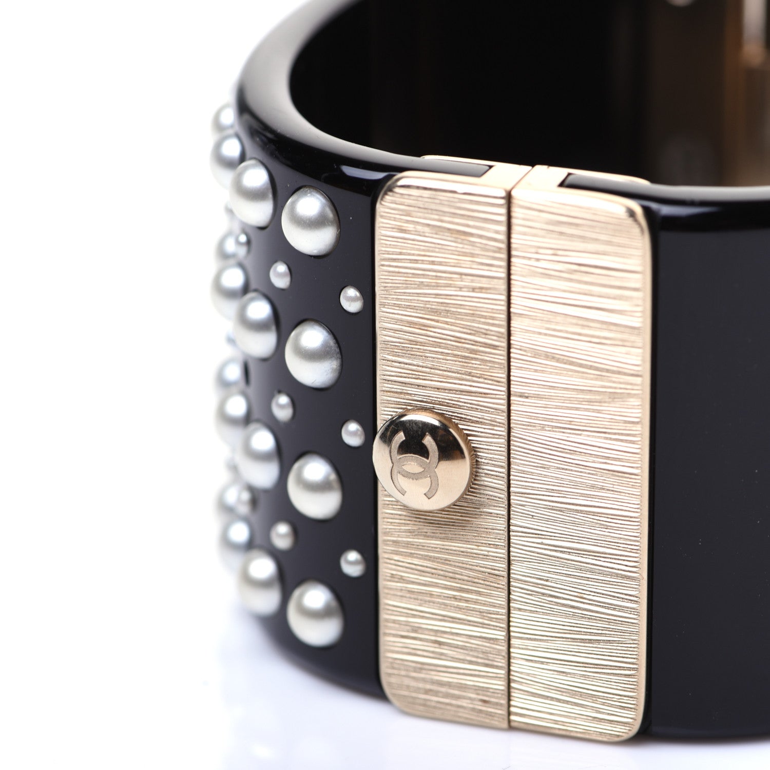Chanel Resin Pearl Crystal CC Cuff Black 6 of 9