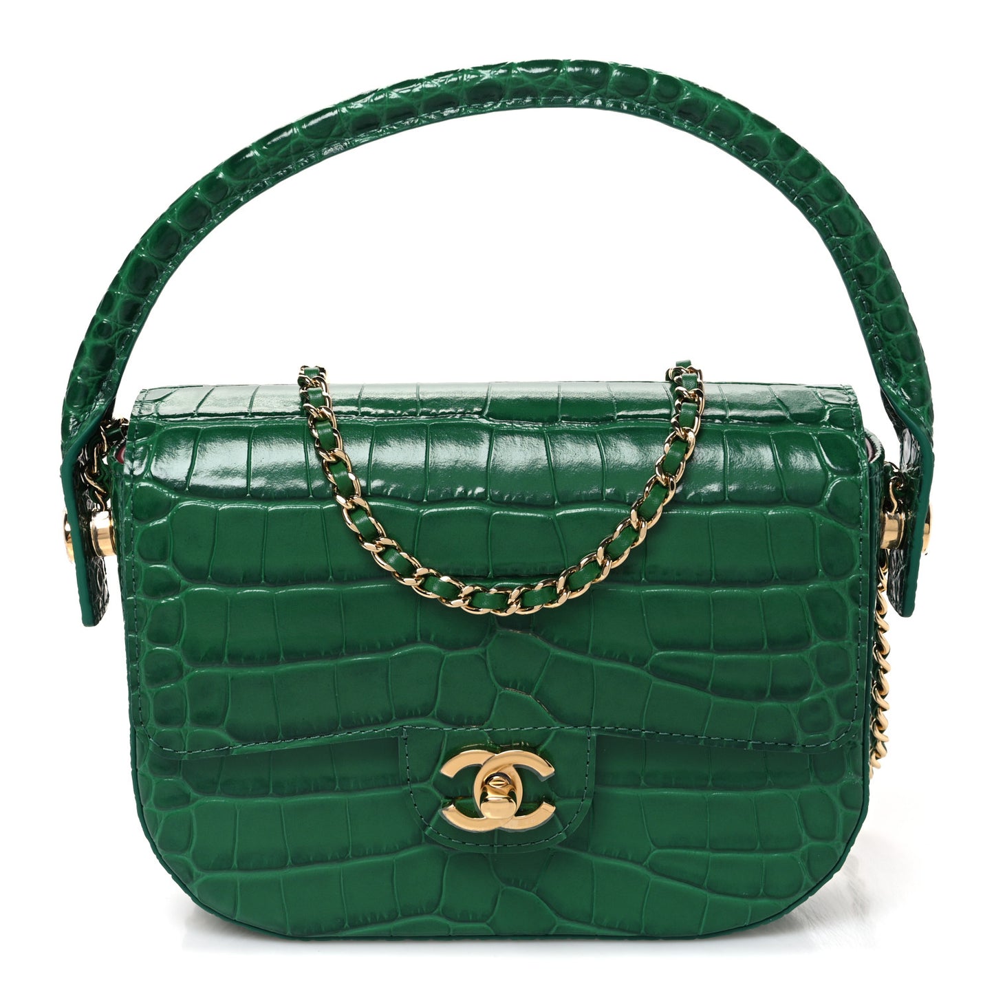 Crocodile Embossed Calfskin Turn Around Mini Flap Bag With Top Handle  Green
