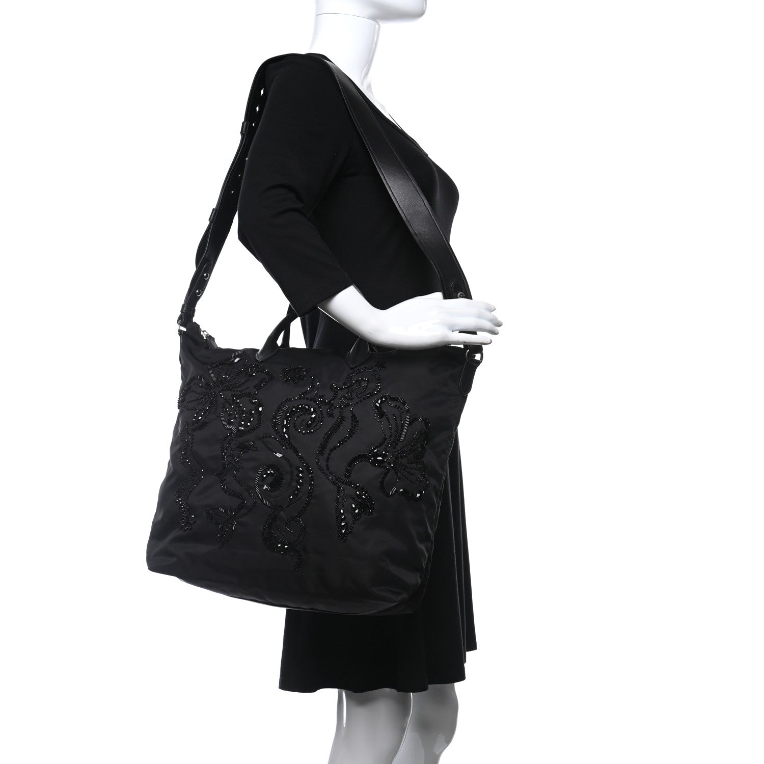 Prada Tessuto Nylon Ricamo Sequin Embroidered Shopping Tote Black 3 of 9