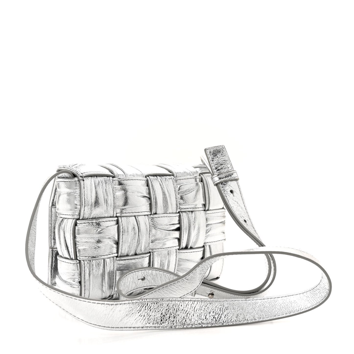 Metallic Calfskin Intreccio Plisse Small Cassette Crossbody Bag Silver