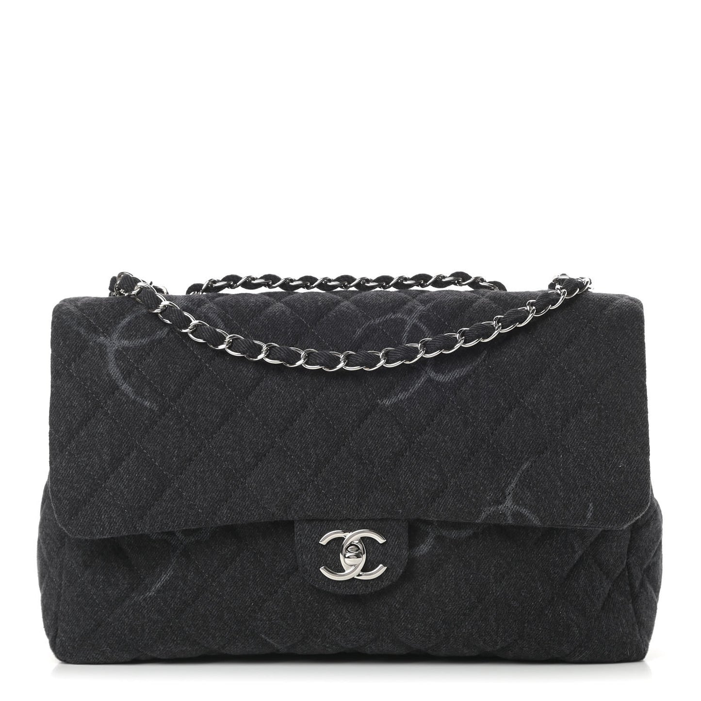 Denim Quilted CC Print Jumbo Single Flap Black