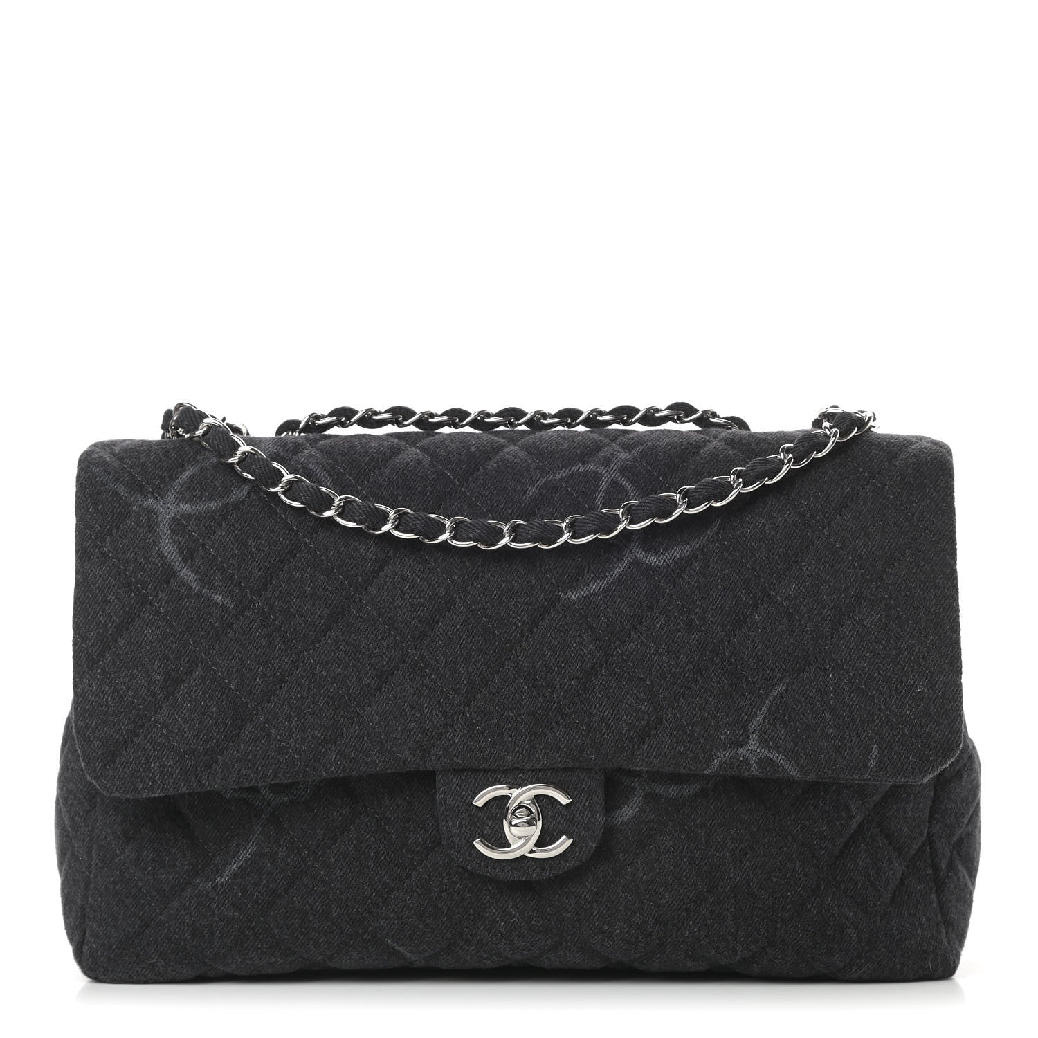 Chanel Denim Quilted CC Print Jumbo Single Flap Black 1 of 10