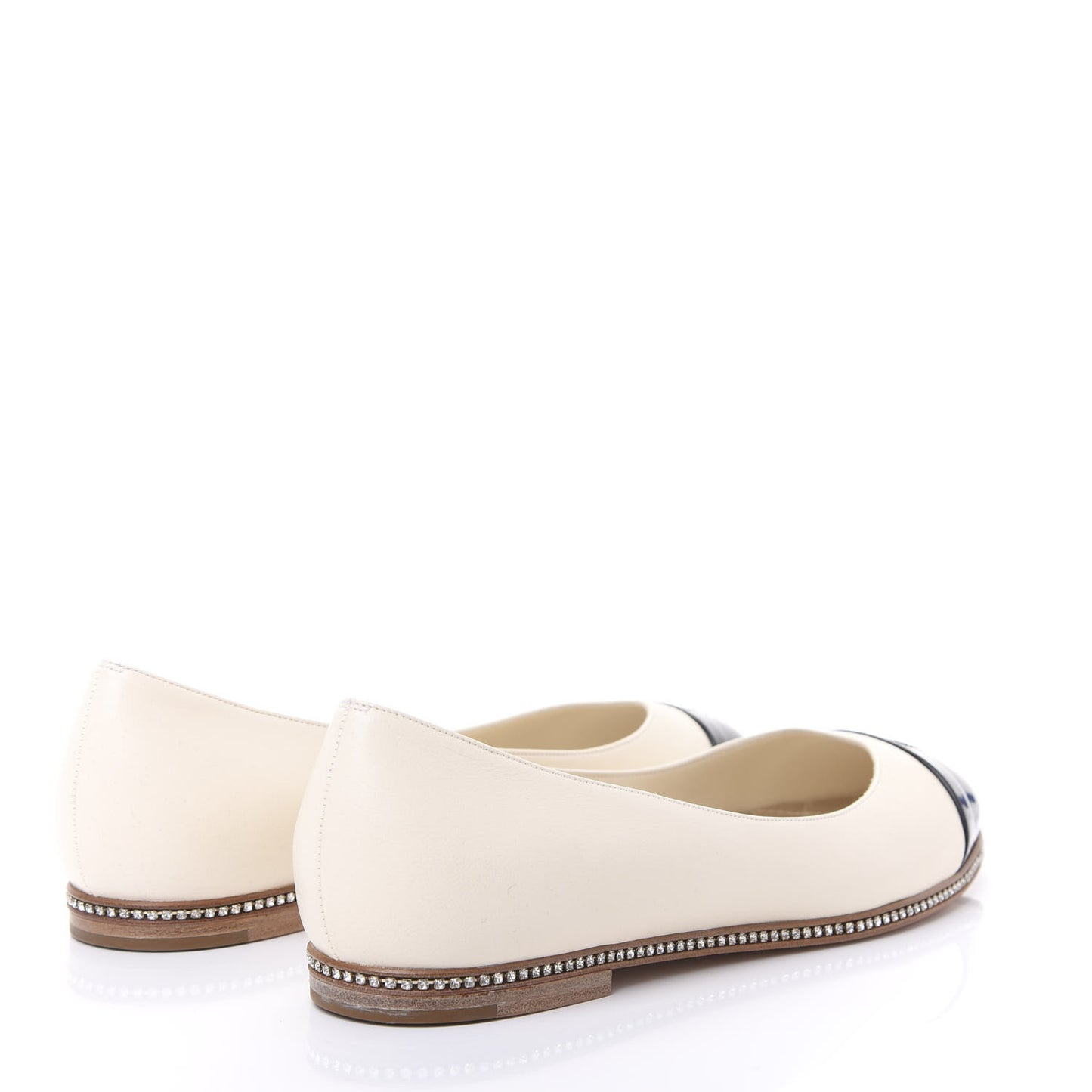 Patent Lambskin Crystal CC Cap Toe Ballerina Flats 38.5 Beige Black