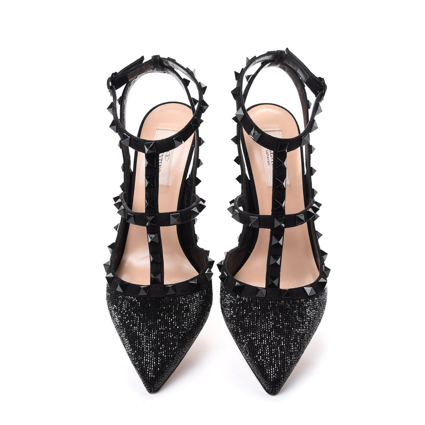 Suede Beaded Rockstud Ankle Strap 100mm Pumps 38 Black